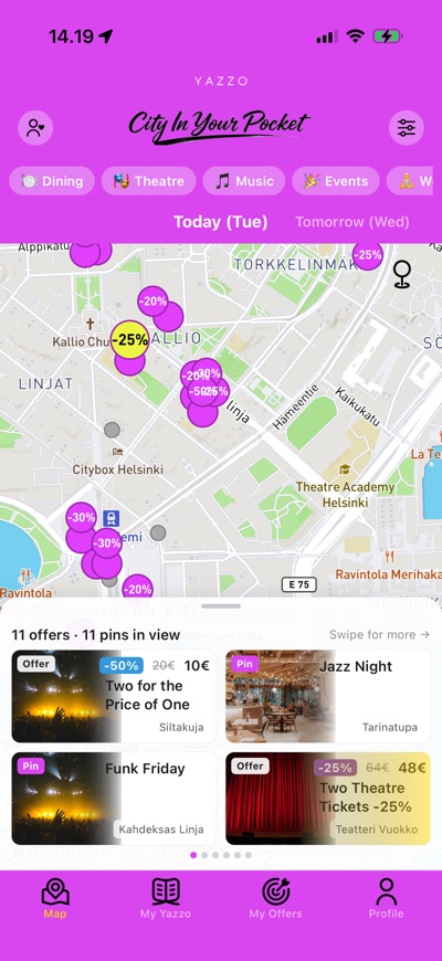 The Yazzo map showing offers and live updates nearby