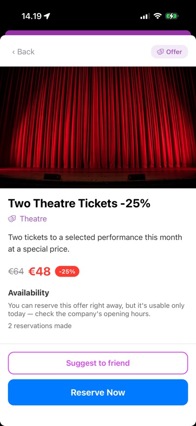 An offer's details with the Reserve Now button