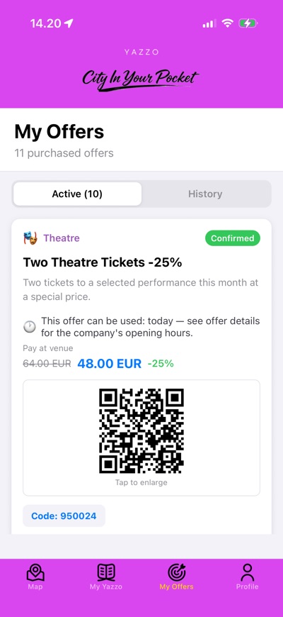 A reservation's QR code in the My Offers view