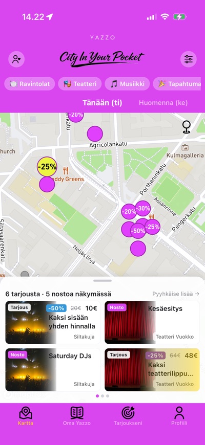 Yazzon kartta, jossa näkyy lähellä olevia tarjouksia ja nostoja