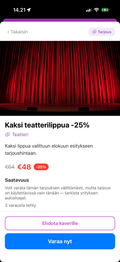 Tarjouksen tiedot ja Varaa nyt -painike