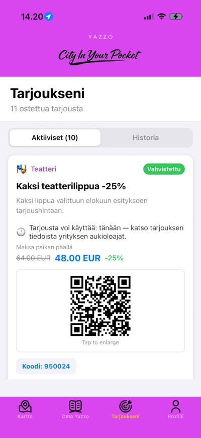 Varauksen QR-koodi Tarjoukseni-näkymässä